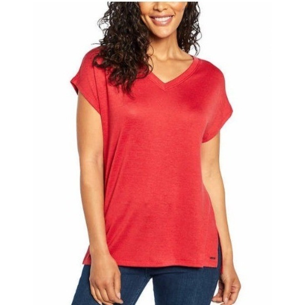 Orvis V-Neck Top Women Large Deep Red Cap Sleeve Side Slit High Low Hem Tee EUC